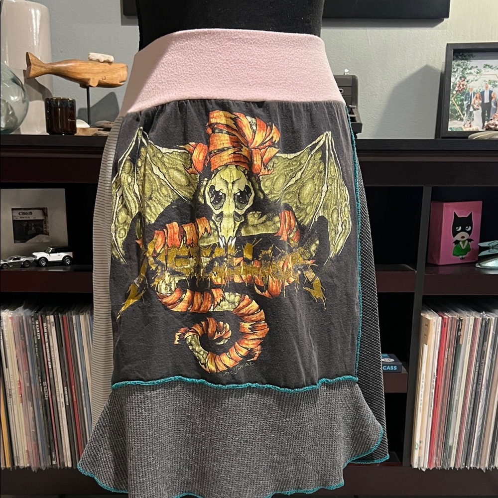 Y2K up-cycled skirt, made with vintage metallic T-shirt, and other fabrics L